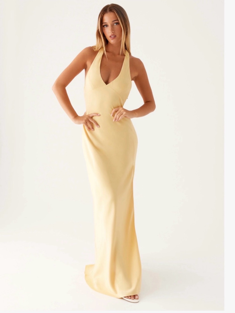 Peppermayo yellow v cut maxi dress with slit